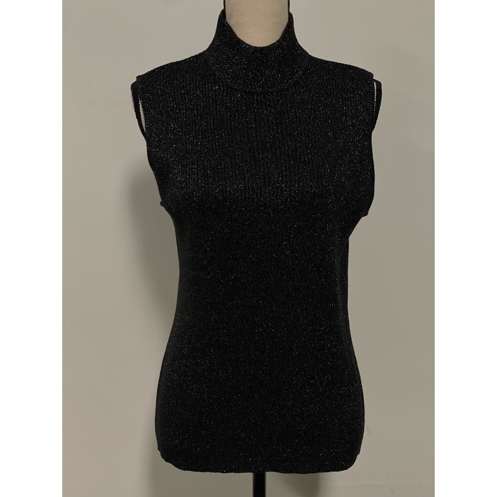 212 Collection Sleeveless Mock Neck Ribbed Sweater Black & Metallic Size XL